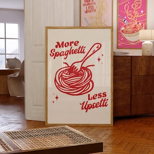 More Spaghetti Less Upsetti Italian Kitchen Art, Retro Poster, Funny Pasta Print, Red Wall Art, Food Humor, Trendy Italian Kitchen Wall Art