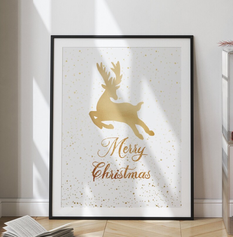 Christmas Wall Art Gold Reindeer With Merry Christmas Glitter Printable Wall Art Christmas Wall