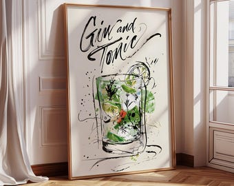 Gin and Tonic Wall Art, Gin and Tonic Print, Cocktail Wall Art, Bar Cart Decor, Gin Lover Gift, Gin Poster, Printable Wall Art