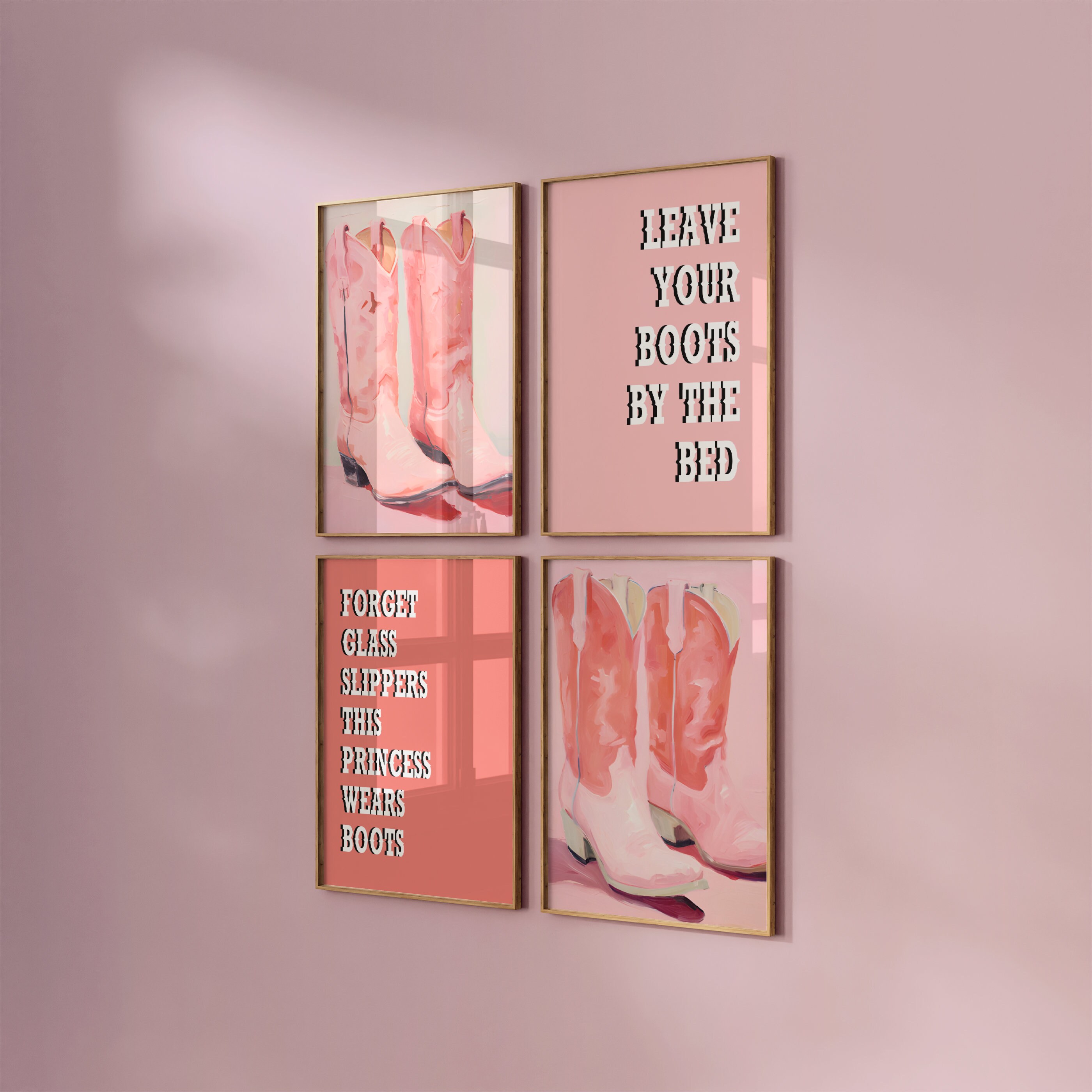Pink Coastal Cowgirl Boot Wall Art Set, 4 Piece Preppy Decor for Trendy