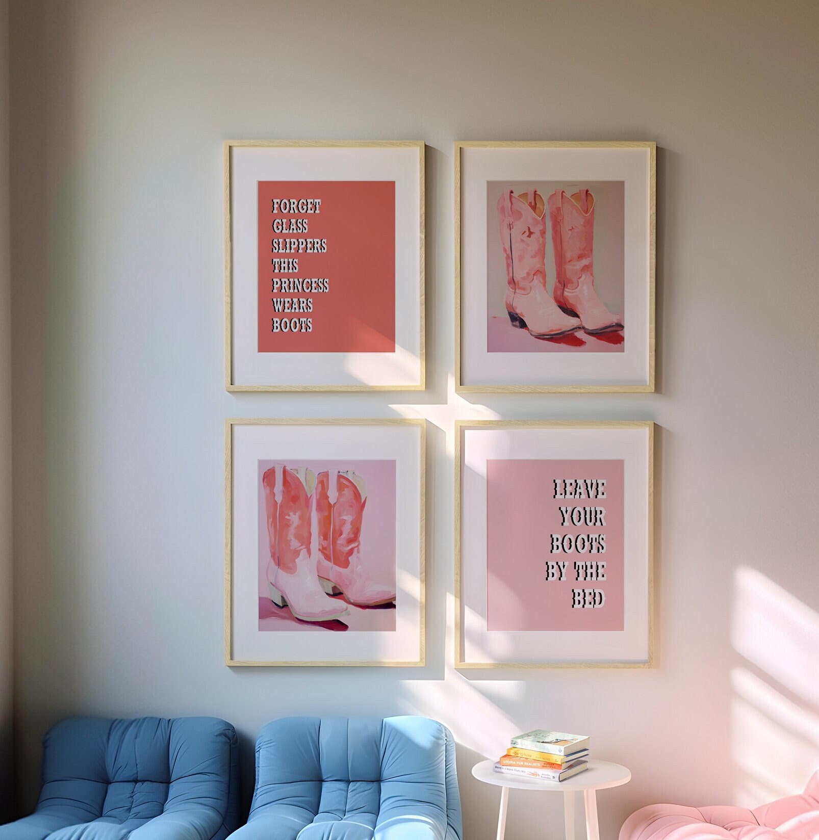 Pink Coastal Cowgirl Boot Wall Art Set, 4 Piece Preppy Decor for Trendy