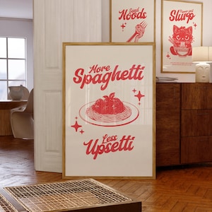 More Spaghetti Less Upsetti Print, Retro Wall Art, Italian Kitchen Art, Funny Pasta Print, Trendy Food Poster, Red Print, Digital Wall Art