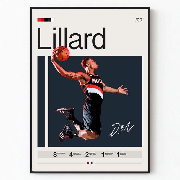 Affiche Damian Lillard, Portland Trail Blazers, impression d'art affiche NBA, basket-ball, affiche de sport vintage, art sportif, art mural sport