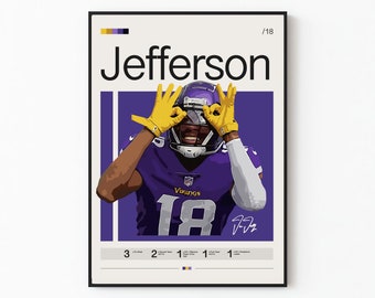 Justin Jefferson Poster, Minnesota Vikings, NFL Poster Art Print, American Football, Vintage Sports Poster, Sports Wall Art