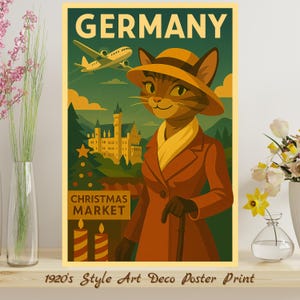 Germany Art Deco Print | 1920s Style Travel Poster | Wanderlust | Retro Travel Decor | Cat Lovers Print | Unframed Poster | Wall Art