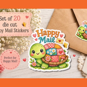 May include: A set of 20 die cut stickers featuring a green turtle with a colorful patchwork shell decorated with flowers and hearts. The text reads Set of 20 die cut Happy Mail Stickers, Happy Mail, thank you, and Brighten Someone's Day.