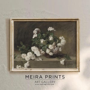 Vintage White Roses Art Print, Neutral Muted Still Life Floral Printable Wall Art, Antique Botanical Oil Painting Prints Digital