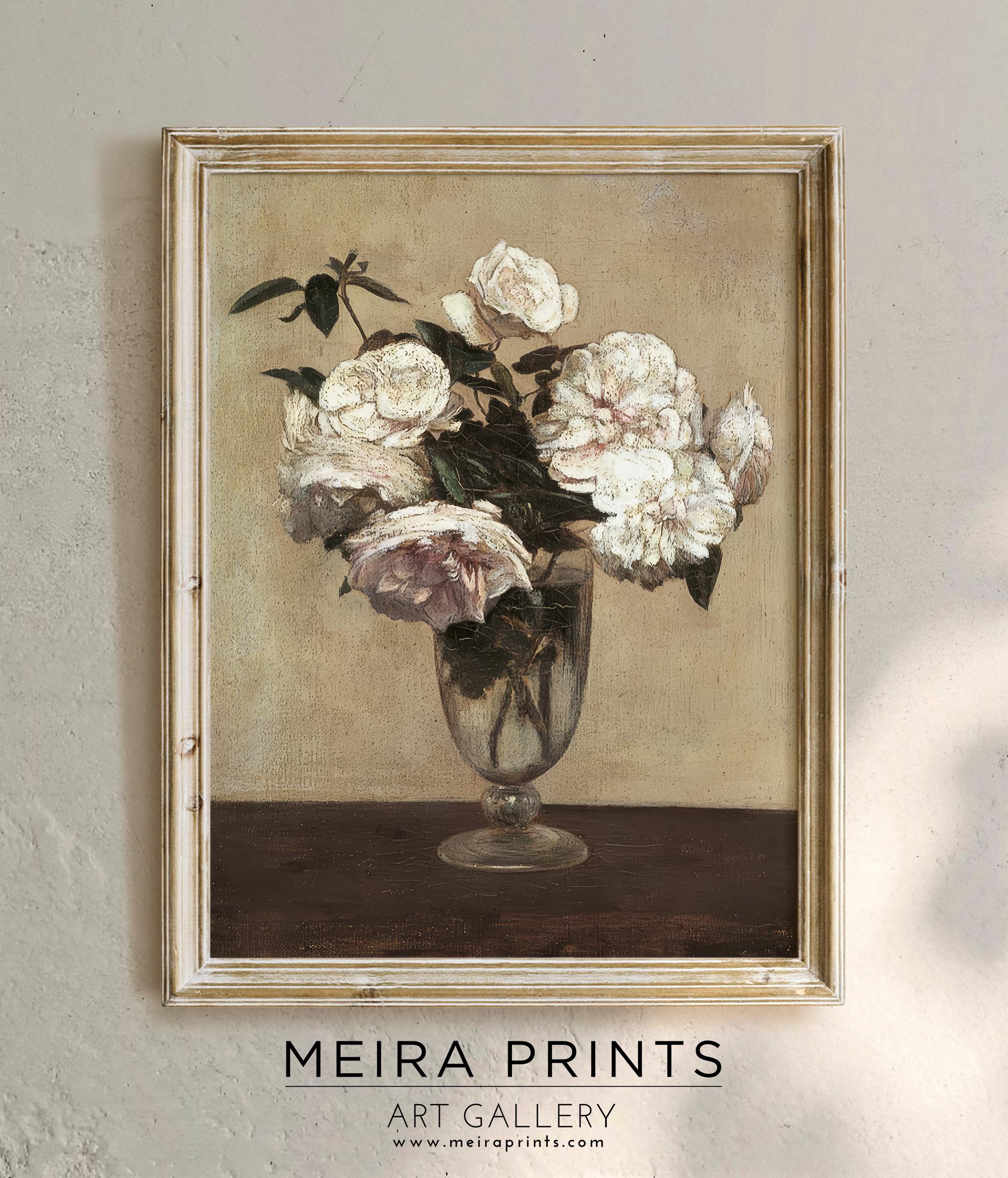 Vintage Still Life Floral Printable Wall Art, Flowers in Glass Art Print, French Country Farmhouse Decor, Still Life Cottage Decor