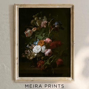 Impresión de arte de pared con flores oscuras vintage de naturaleza muerta, póster de jarrón de flores de estilo francés oscuro neutro, arte digital imprimible, decoración de pared estética