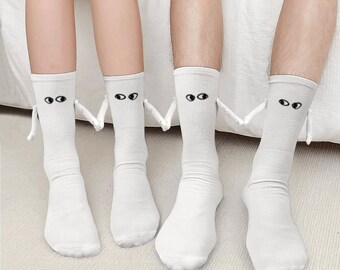 Embroidered Eyes Crew Sock,Quirky Couple Socks,Magnetic Socks,Holding Hands Socks,Gift For Her,Valentines Day Gift