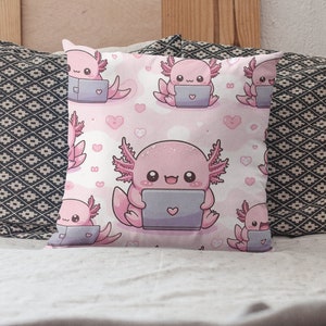 Cute Axolotl Laptop Pillow - Decorative Throw Pillow for Girls Room - Spun Polyester Square Pillow - Special Cartoon Kawaii Best Gift
