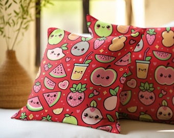 Kawaii Fruit Pillow, Cute Strawberry Watermelon Throw Cushion, Red Kitchen Decor Gift, Kids Room Accent, Food Lover Present
