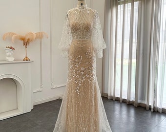 Robe de mariée brillante coupe sirène/ Robe manches longues transparentes/ Robe de style vintage/ robe brillante/ robe de mariée luxueuse