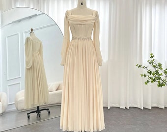 Minimalistische beige trouwjurk/civiele trouwjurk/korte trouwjurk/trouwjurk met lange mouwen/mousseline jurk/christelijk