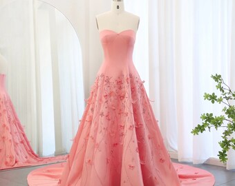 Robe de bal de promo en satin rose/ Robe rose/ Robe Princesse/ robe bustier brillante/ robe scintillante/ robe  avec plume/ robe de soirée