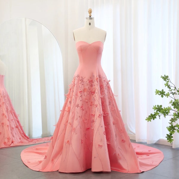 Robe de bal de promo en satin rose/ Robe rose/ Robe Princesse/ robe bustier brillante/ robe scintillante/ robe  avec plume/ robe de soirée