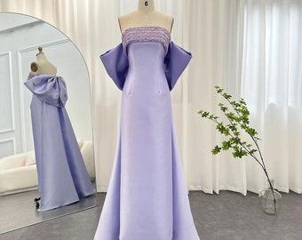 Robe de luxe en Satin violet avec noeud / Robe de bal sans manches/ Robe haute couture/ Robe d’anniversaire/ Robe Noeud /Robe brodée