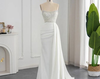 Vestido de novia moderno de tiras/ Vestido de novia modesto/ vestido de novia de verano/ Vestido elegante/ Boda civil/ Vestido de novia minimalista