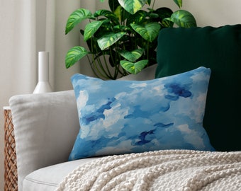 Spun Polyester Lumbar Pillow | Puffy Fluffy Sky Clouds Design Motif | Prevents Lower Back Pain with Support!
