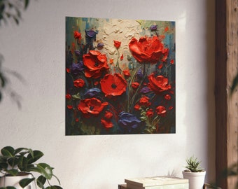 Impasto Method Painting | Red and Purple Poppies Motif | Contemporary Poster Print | Flowers | Modern Home Decor