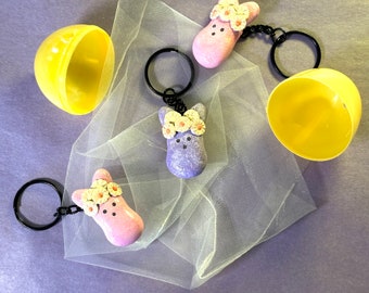 Handmade Polymer Clay Easter Peep Bunny Flower Keychain