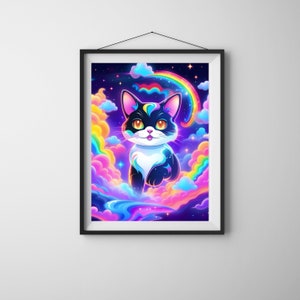 Rainbow Cosmic Cat Galaxy Digital Art Print