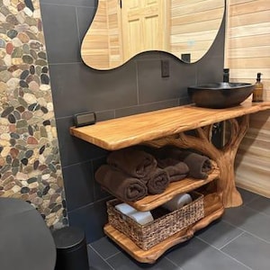 Spry Interior Modern Solid Wood Bathroom Vanity, Live Edge Slab Sink Console for Sleek Contemporary Bathroom Decor