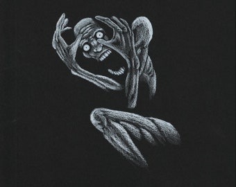 Terror - white charcoal on black paper original artwork