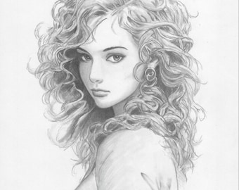 Girl with Curly Hair - original pencil artwork