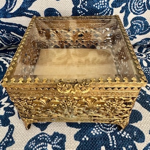 Vintage Square Gold Beveled Glass Jewelry Casket Box