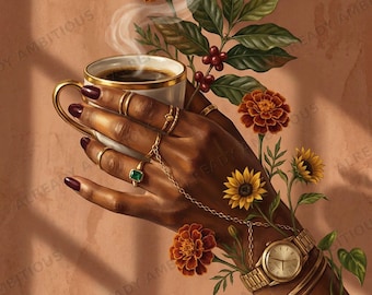 May include: An artistic illustration of a hand holding a white and gold coffee cup with steam rising. The hand is adorned with gold rings, a watch, and a chain bracelet. Flowers and leaves surround the hand, set against a warm, neutral background.