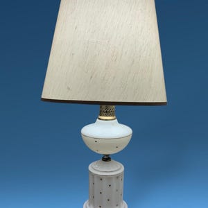 Vintage Mid Century Milk Glass Table Lamp w Gold Polka Dot Accents MCM Regency
