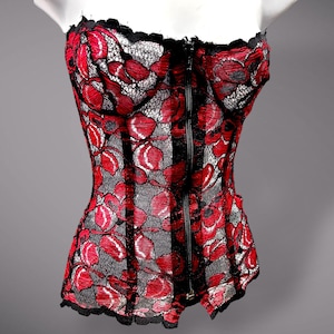 Vintage Y2K Red & Black Floral Lace Corset – Sheer Mesh Bustier Top – Zip Front Lingerie – Size 36 M/L – Gothic Clubwear