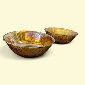 Vintage Marigold Carnival Glass Bowls – Set of 2 Iridescent Fruit / Serving Bowls – 1970s Retro Home Décor