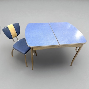 1950s Blue Formica Kitchen Table with Leaf & Chair - Mid Century Modern Dining Set