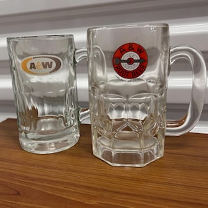 Vintage A&W Root Beer Glass Mug Set – 1960s + 70s Heavy Glass Pair, Retro Soda Advertising Collectibles