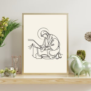 JESUS WASHING DISCIPLES FEEt: Single Line Art - Modern Christian Decor - Gratitude & Servitude Inspired Wall Print