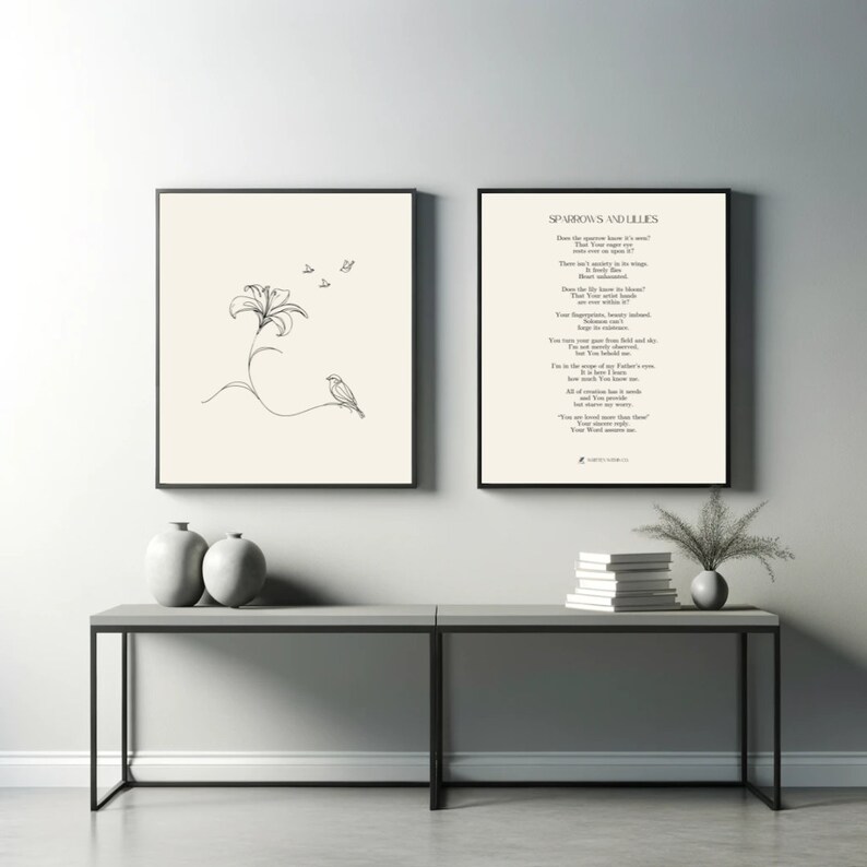 Sparrows and Lilies Bundle Poem & Line Art Print Christian