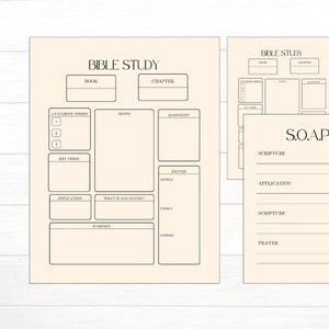 Op de afbeelding: Een printbaar Bijbelstudiewerkblad met secties voor boek, hoofdstuk, favoriete verzen, notities, vragen, kernvers, toepassing, wat God zegt, gebed, samenvatting en de S.O.A.P.-methode.