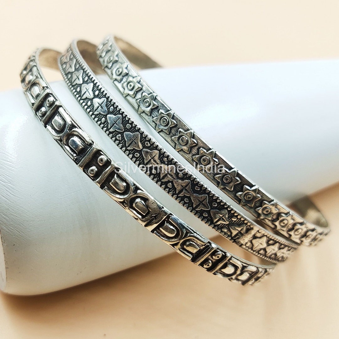 Stacking Bangles Sterling Silver Stacking Bangles Set: Etched 925 Silver Bracelets - Etsy