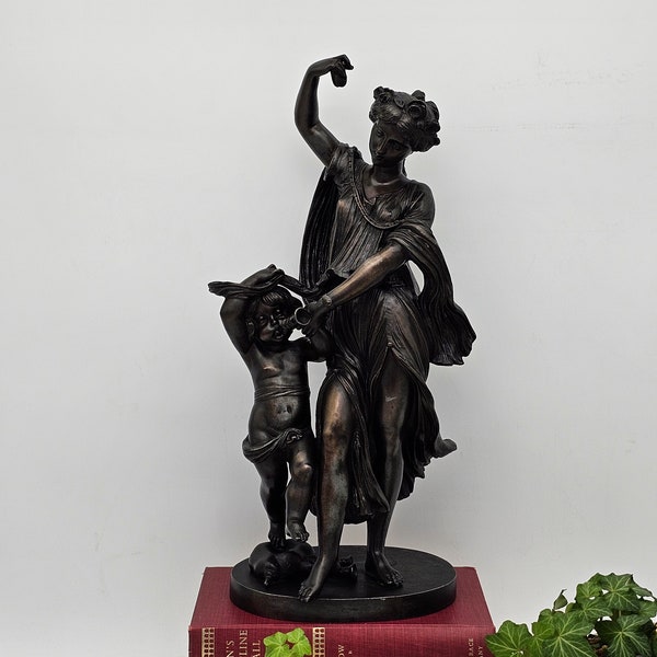 Antique Classical Cast Metal Statue Sculpture Maiden and Child Bronze Finish