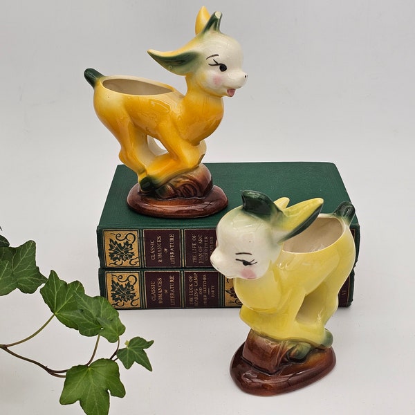 Adorable Pair of Small Mid-Century Yellow and Green Deer/Fawn Planters