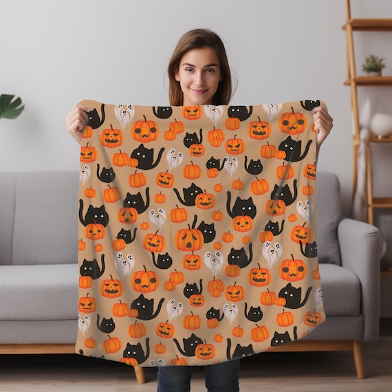 Halloween Fat Cat and Pumpkin Plush Blanket Soft Blanket Halloween Blanket Cat Blanket Seasonal Decor Holiday Decor Spooky Blanket Etsy