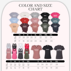 May include: Color and size chart for various t-shirts, including crew neck and V-neck styles. The chart displays a range of colors such as heather grey, black, and red, with sizes from XS to 4XL. Body width and length measurements are provided in inches.