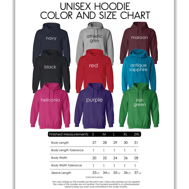 May include: Unisex hoodie color and size chart with images of different colors and a table showing measurements in inches for sizes S, M, L, XL, and 2XL.