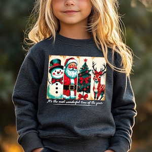キッズ クリスマス スウェットシャツ、キュートなレトロなサンタ スノーマン トナカイ ホリデー セーター、女の子と男の子向けのヴィンテージ クリスマス セーター、冬のギフト