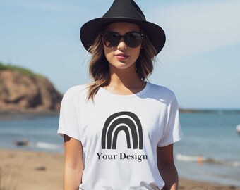 Maqueta Bella Canvas 3001, Camisa Bella Canvas, Maqueta de estilo de vida, Maqueta de camiseta modelo para mujer, Maqueta de camiseta blanca