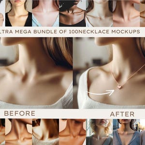 Pu&ograve; includere: Immagine prima e dopo che mostra una donna che indossa una collana con un ciondolo a forma di cuore. L'immagine &egrave; un mockup per una collana.