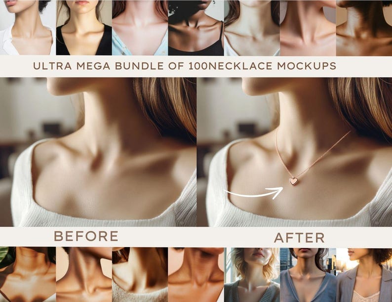Pu&ograve; includere: Immagine prima e dopo che mostra una donna che indossa una collana con un ciondolo a forma di cuore. L'immagine &egrave; un mockup per una collana.