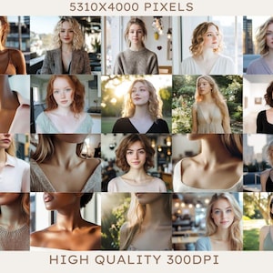 Pu&ograve; includere: Un collage di 20 immagini con donne con diversi stili di capelli e abbigliamento. Le immagini sono disposte in una griglia e sono tutte in uno stile simile.